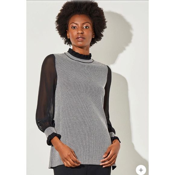Ming Wang Chiffon Blouson Sleeve Soft Knit Tunic in Grey/Black Women’s Large - Picture 1 of 8